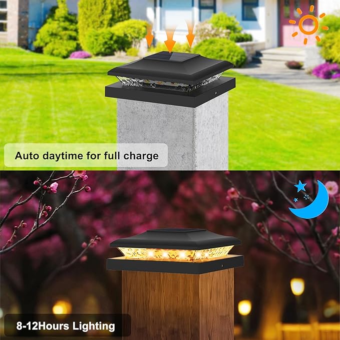 4 Pack Solar Post Cap Light Outdoor Fence Cap Lights 2 Color Modes 24 LEDs for Wooden/Vinyl Post, Waterproof Deck Patio Decoration Fits 5x5, 5.5x5.5 or 6x6 Wooden Posts (3000k/6000k)