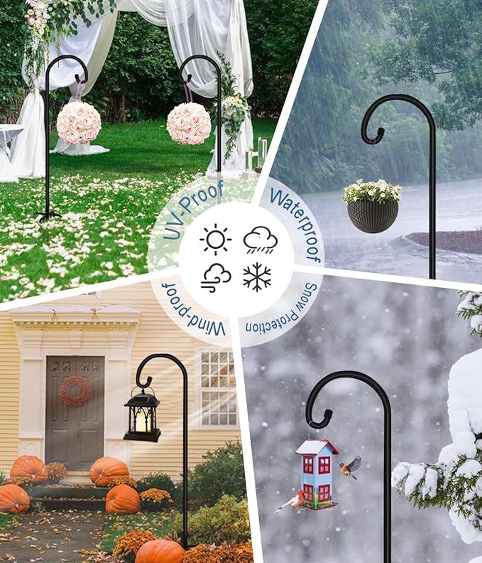 76 inch Outdoor Shepherd Hook with 5 Prong Base (2 Packs), Adjustable Heavy Duty Garden Hanging Stake for Bird Feeder Solar Light Plant Hanger Wedding Decor, Matte Black