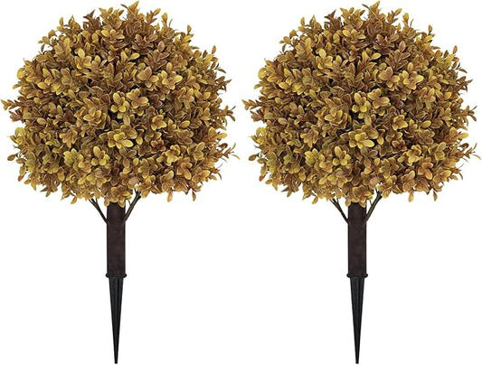 24" Tall Artificial Boxwood Ball Fall Topiary Trees Set of 2, UV Resistant Large Faux Plants Outdoor, 2ft Fake Bushes and Shrubs Look Real with Stake for Front Porch Outside Planter Backyard Decor