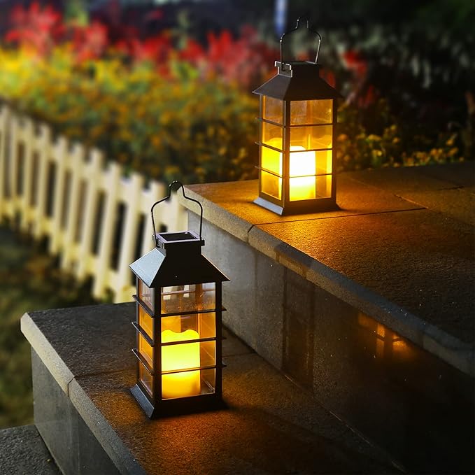 2 Pack Outdoor Garden Hanging Lanterns with Waterproof LED Flickering Flameless Candle Solar Powered Lights Yard Decor Outdoor Decorative for Pathway Courtyard Party Patio Christmas (Black)