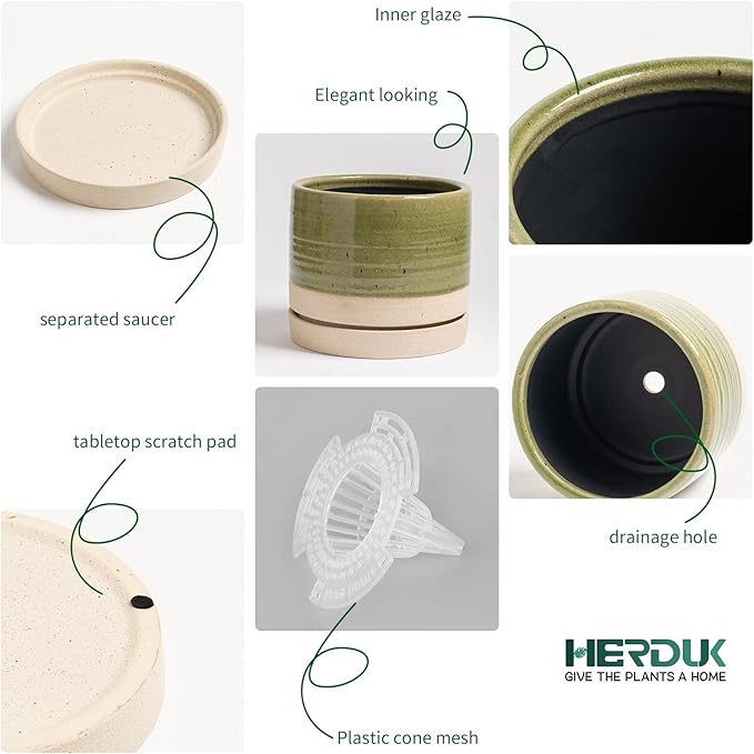 6 Inch Plant Pots, Ceramic Planter Pot with Drainage Hole & Saucer, Indoor/Outdoor Cylinder Round Planter Pot, Green & Beige