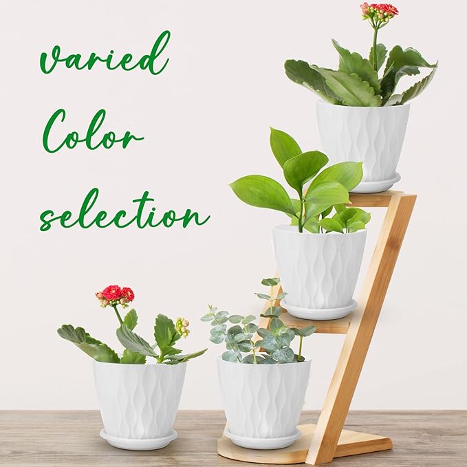 6 inch Plant Pots, 5 Pack Flower Pots Outdoor Indoor, Planters with Drainage Hole and Tray Saucer（White