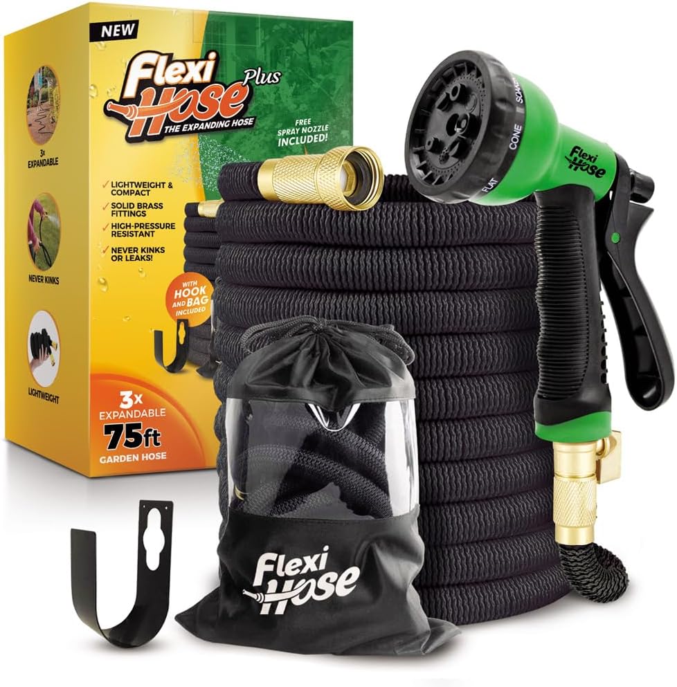 Flexi Hose PLUS with 8 Function Nozzle Expandable Garden Hose, Lightweight & No-Kink Flexible Garden Hose, 3/4 inch Solid Brass Fittings and Double Latex Core, 75 ft Black