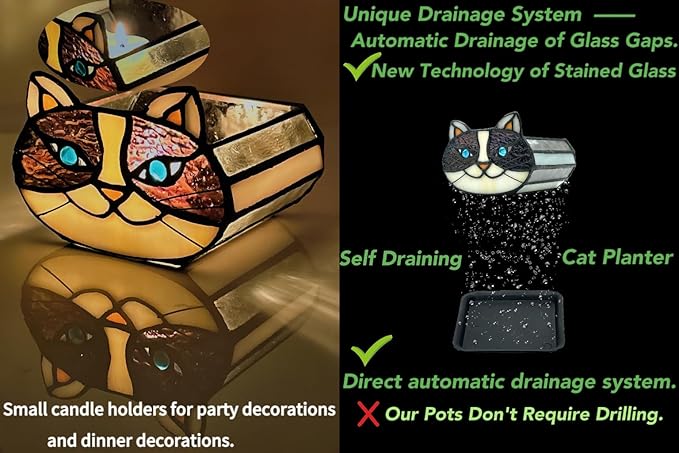 Cactus Black Cat Planter, Cute Small Stained Glass Cat Planter，Cat Terrarium Planter for Tabletop Houseplants，Gifts for Cat Lovers 4.33x3.54x2.95 in (Flower Pot Does not Include Plants)