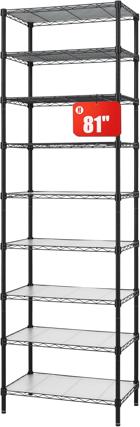 Finnhomy 9-Tier Wire Shelving Unit Adjustable Steel Wire Rack Shelving, 81 Inches Height 9 Shelves Metal Storage Rack, Pantry Shelves for Storage with PE mat, NSF Certified, Black