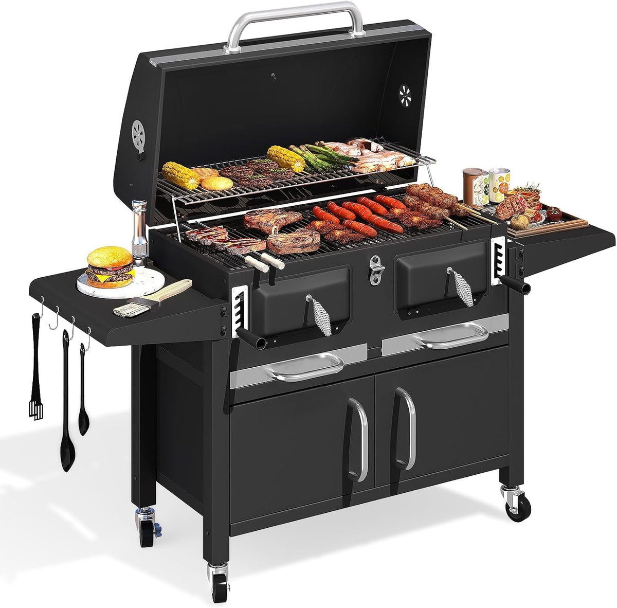 MELLCOM 36 In Extra Large Charcoal Grill - 620 Sq.In Oversized BBQ Area with Storage Cabinet & Individual Lifting Charcoal Trays, Thermometer and Foldable Side Tables for Outdoor