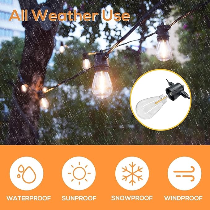 SUNTHIN Outdoor String Lights, 144ft(3 Pack 48ft) Patio Lights with LED Shatterproof Bulbs, Hanging for Outside, Garden, Backyard, Deck, Porch, Bistro, Pool, Party