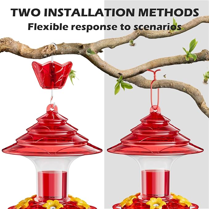 Birdream Hummingbird Feeder for Outdoors Hanging, 20oz Hummingbird Feeders with 5 Bee Guard Feeding Ports & Built-in Ant Moat Brush Leak-Proof for Outside Gifts for Women - Red