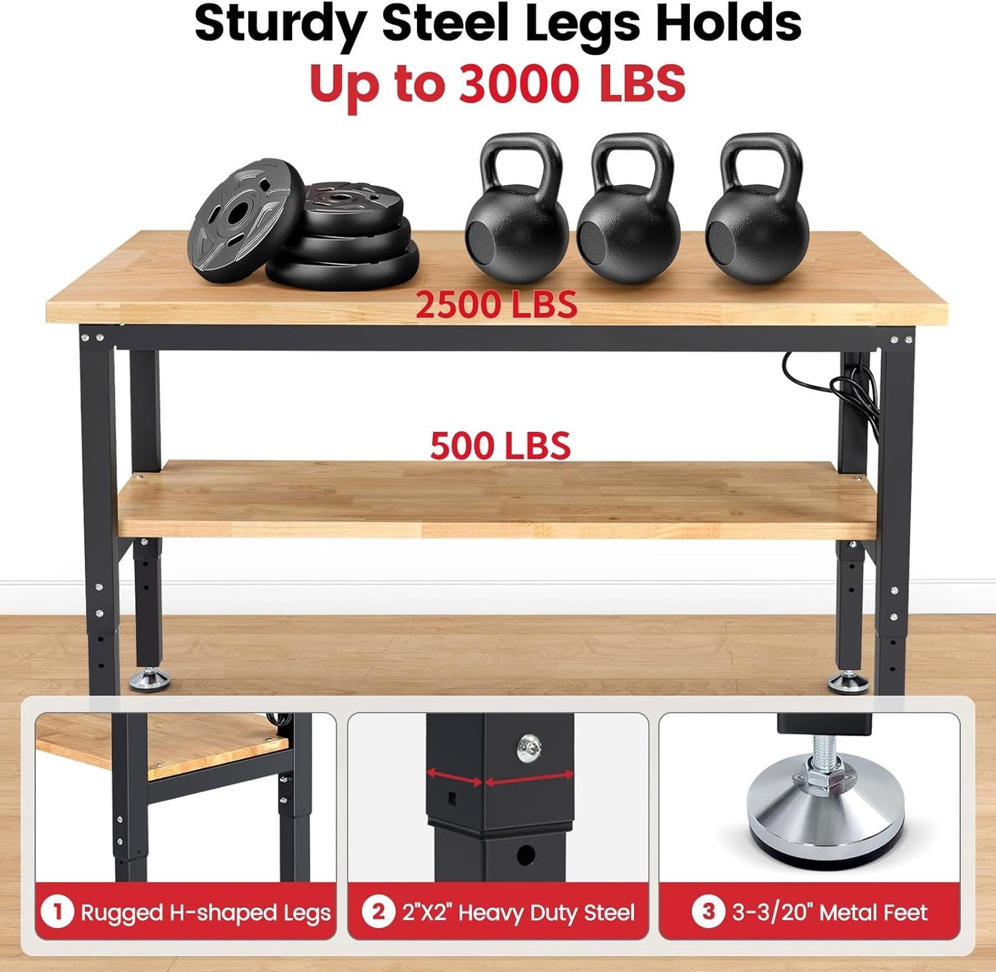 Adjustable Height Work Bench 60x 22 Workbench for Garage Work Table with Under Table Shelf for Shop Woodworking, Heavy Duty Rubber Wood Top for Office, Home, Commercial