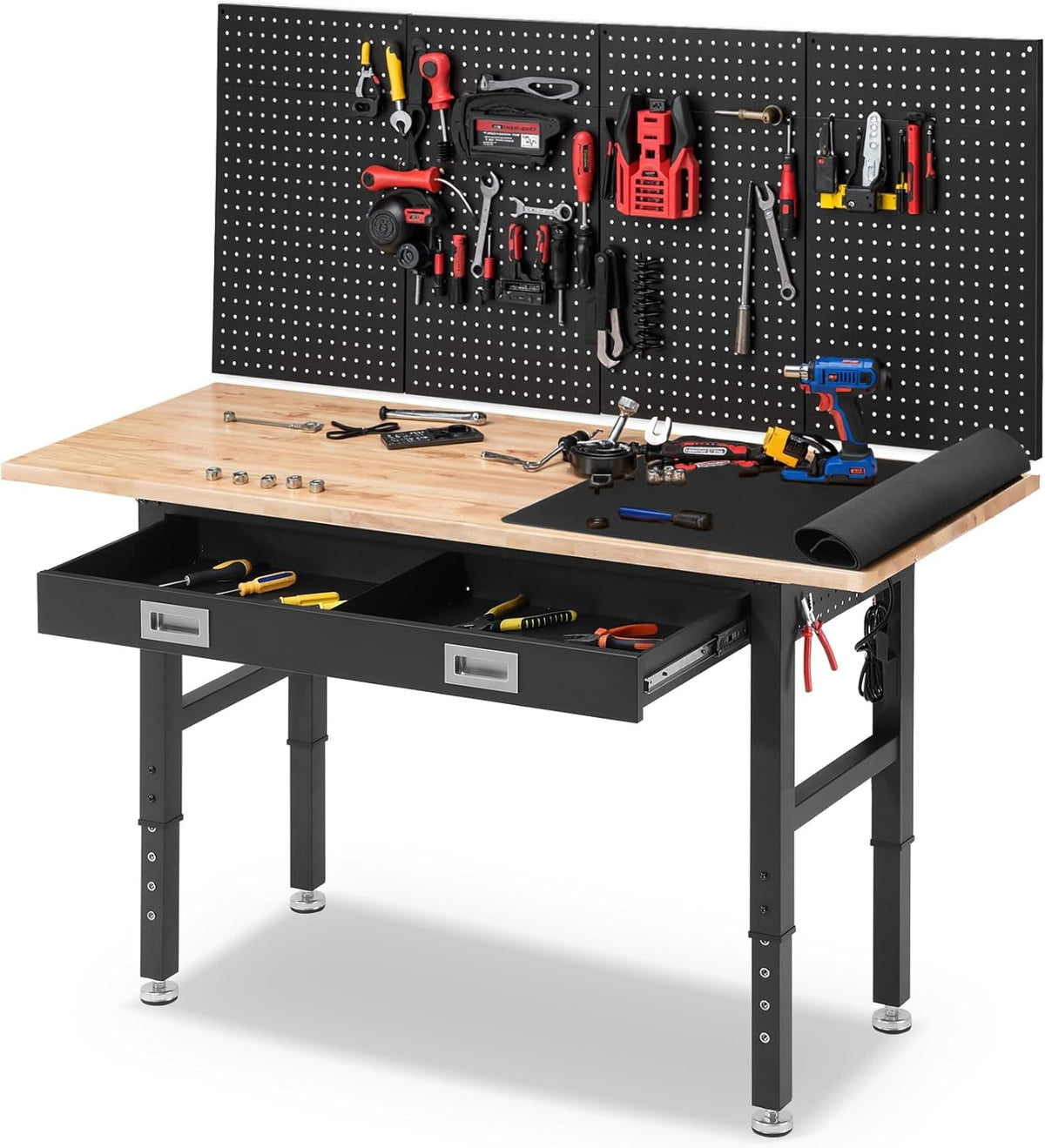 Work Bench for Garage with Drawers 60 x 22 Inch Heavy Duty Rubberwood Tabletop Work Table with Pegboard, Power Outlets Adjustable Workbench for Woodworking Shop, Home, Office, Electronic