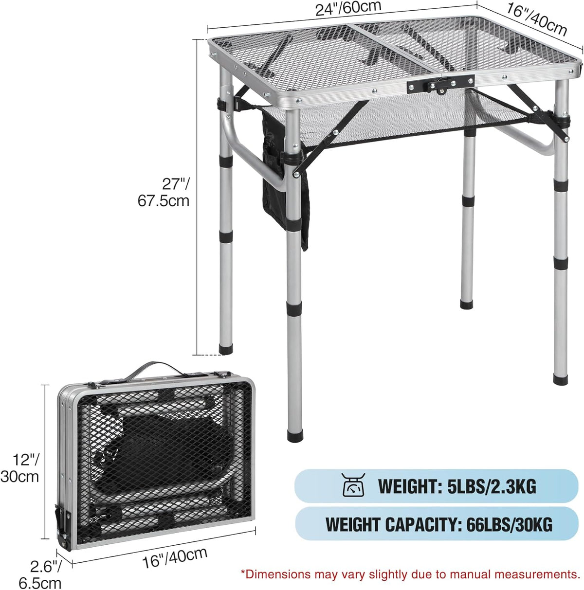 RedSwing Folding Grill Table, Lightweight Height Adjustable Aluminum Table with Mesh Desktop and Mesh Bag for Outdoor Camping Picnic BBQ, 2 Feet, Sliver
