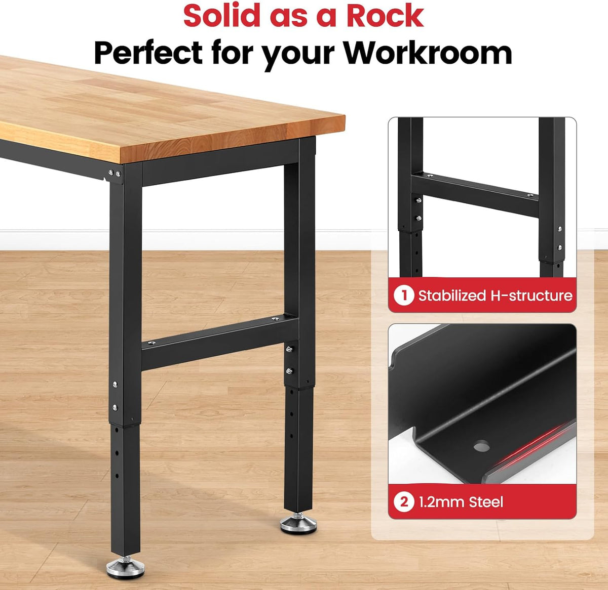 Work Bench for Garage Workbench Adjustable Height Work Table for Shop Woodworking, 60x 22 Heavy Duty Rubber Wood Top for Office, Home, Commercial