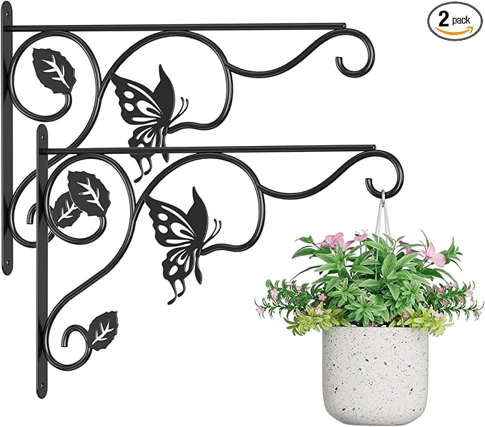2 Pack Heavy Duty Plant Hooks for Hanging - 12 Inch Metal Wall Hangers Indoor/Outdoor, Sturdy Plant Bracket for Bird Feeders, Planters, Lanterns, Wind Chimes - Patio, Garden, Home Decor (Black)