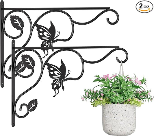 2 Pack Heavy Duty Plant Hooks for Hanging - 12 Inch Metal Wall Hangers Indoor/Outdoor, Sturdy Plant Bracket for Bird Feeders, Planters, Lanterns, Wind Chimes - Patio, Garden, Home Decor (Black)