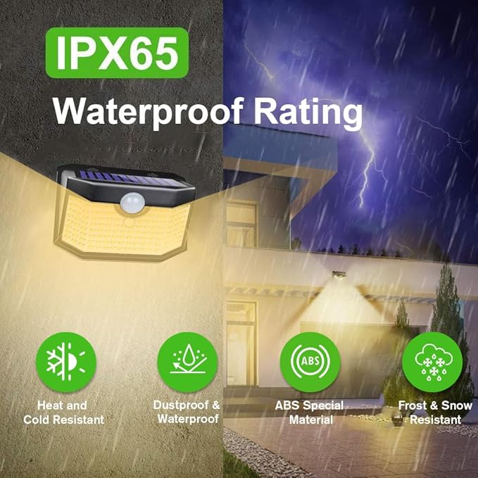 HMCITY 120 LED Outdoor Solar Lights- with Motion Sensor and 3 Lighting Modes, IP65 Waterproof Wide Solar Wall Lights Ideal for Garden Patio Yard (Front Button 6Packs, Warm White)