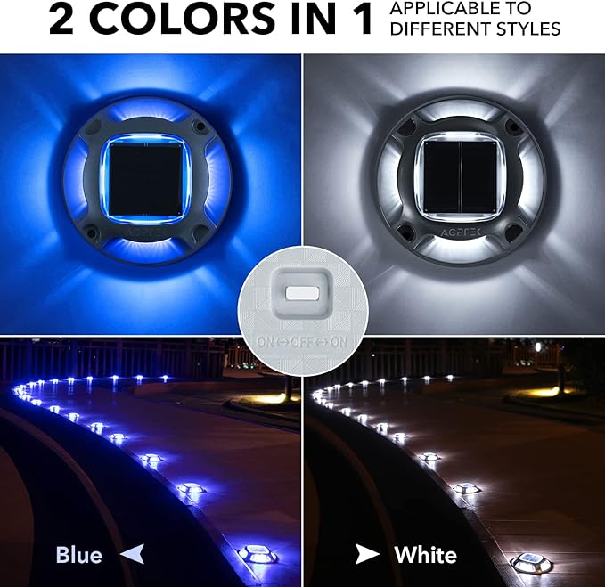 AGPTEK Solar Driveway Lights Outdoor 16 Pack, 2 Color Modes LED Deck Dock Marine Waterproof Security Marker Lights for Step Sidewalk Stair Garden Pathway Walkway Yard(Blue Light/Cool White)