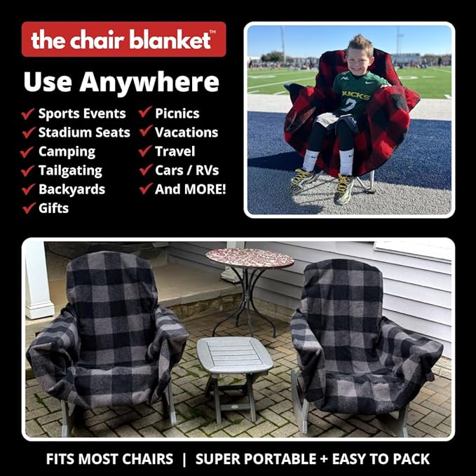 CITYBONFIRES The Chair Blanket – Reversible, Waterproof & Sherpa-Lined - Stretchable Elastic Back - Original Patio Chair Cover – Ideal for Homes and Outdoor Furniture- with Carry Pouch – Grey Plaid