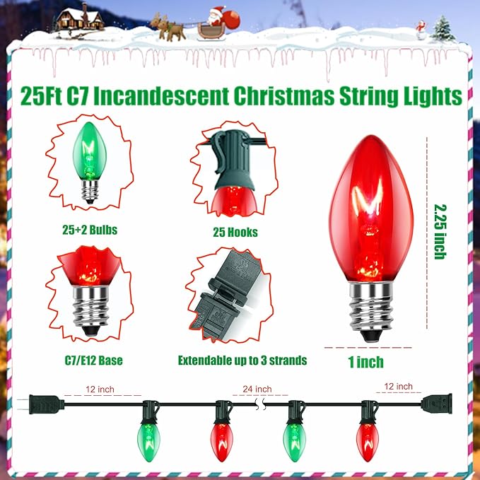 C7 Red and Green Christmas Lights Outdoor, 25Ft Outdoor Christmas Decorations String Lights with 27 Incandescent Bulbs, Vintage Christmas Lights for Indoor Outdoor Patio Christmas Party House Roofline