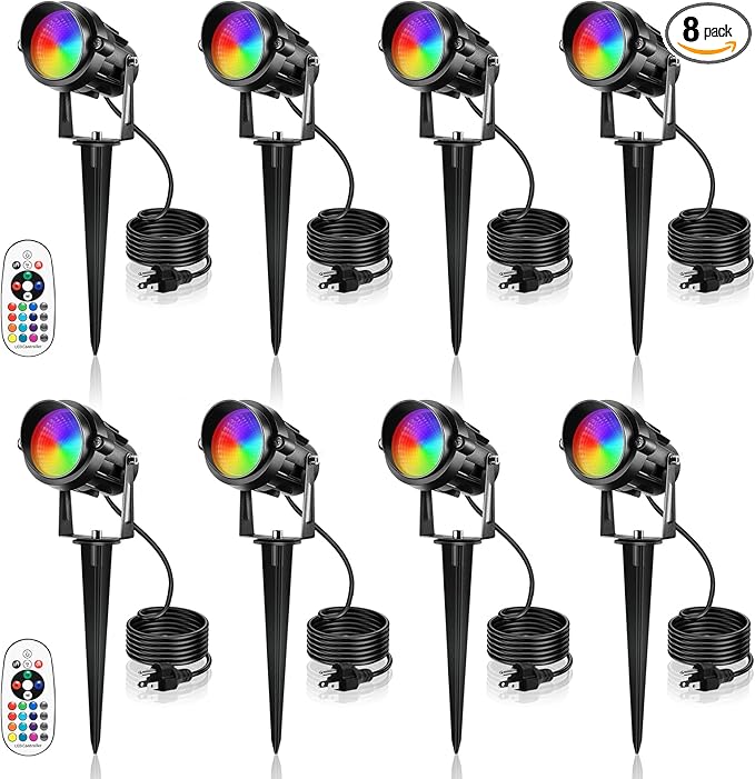 Christmas Spotlight Outdoor 12W RGBW LED Color Changing Landscape Lights with Remote Control 120V Waterproof Plug in Spot Lights Outdoor Landscape Light for Tree Yard Garden Christmas, 8 Pack