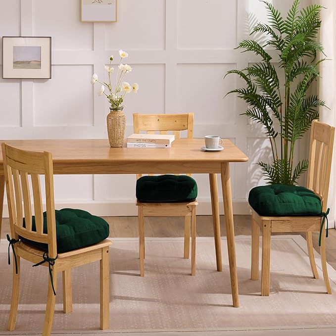 Chair Cushions for Dining Chairs, Dining Chair Cushions, Tufted Indoor Chair Pads with Ties & Non Slip Backing, Seat Cushions for Kitchen Chairs 16.5” x 16.5” x 3.5”, Set of 4, Green