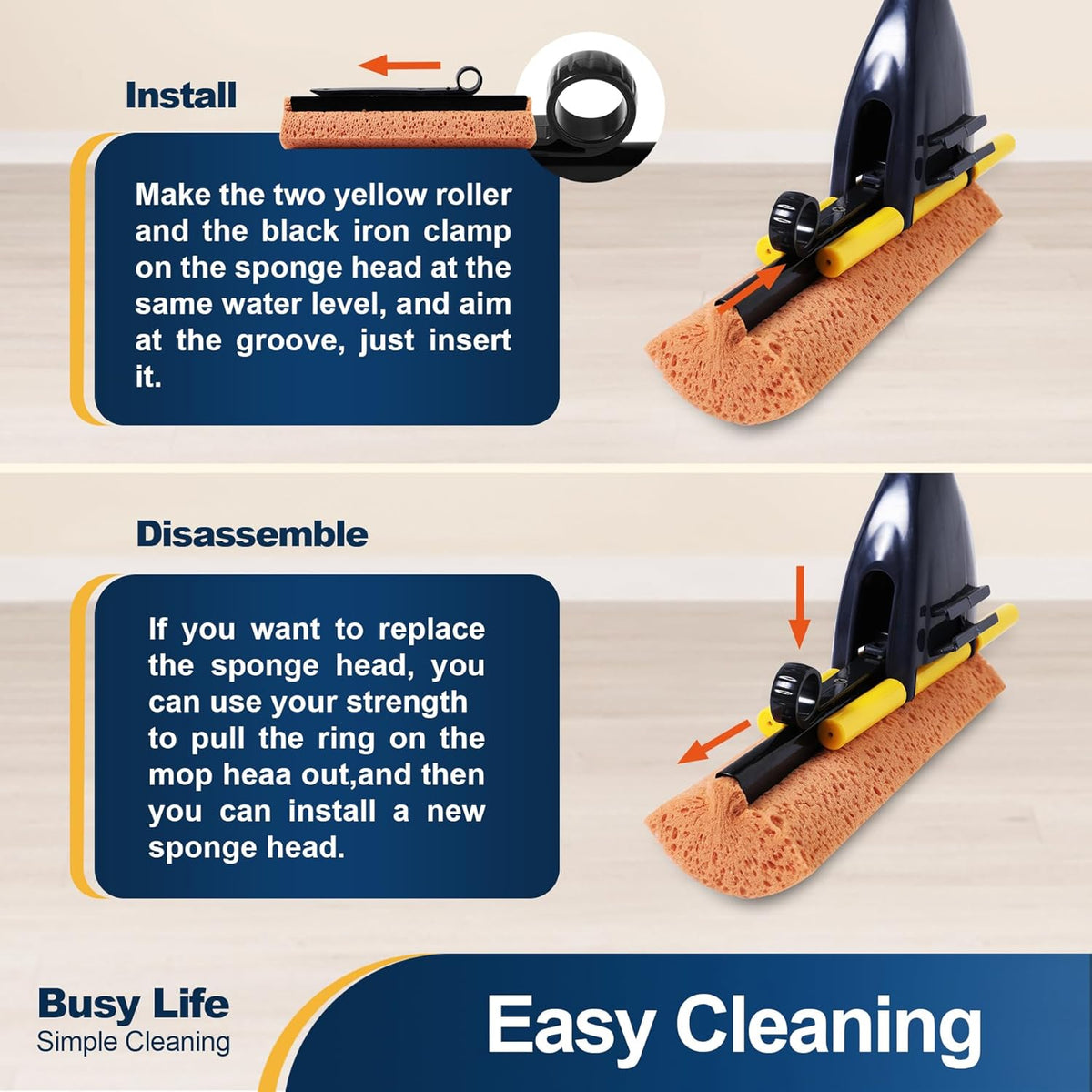 Yocada Sponge Mop Home Commercial Use Tile Floor Bathroom Garage Cleaning Total 3 Sponge Heads Squeegee and Extendable Telescopic Long Handle 42.5 to 52 Inches Easily Dry Wringing Only 3 Heads