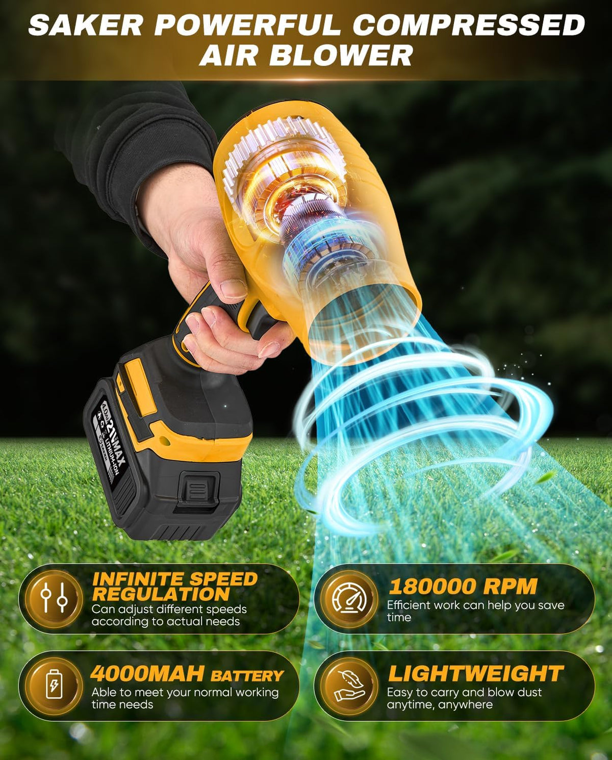 Saker Handheld Cordless Leaf Blower Portable Dust Cleaner 180000 RPM Compressed Air Duster with Adjustable Speed for Drying Patio Cleaning Camping 2 x 4.0Ah Battery Yellow