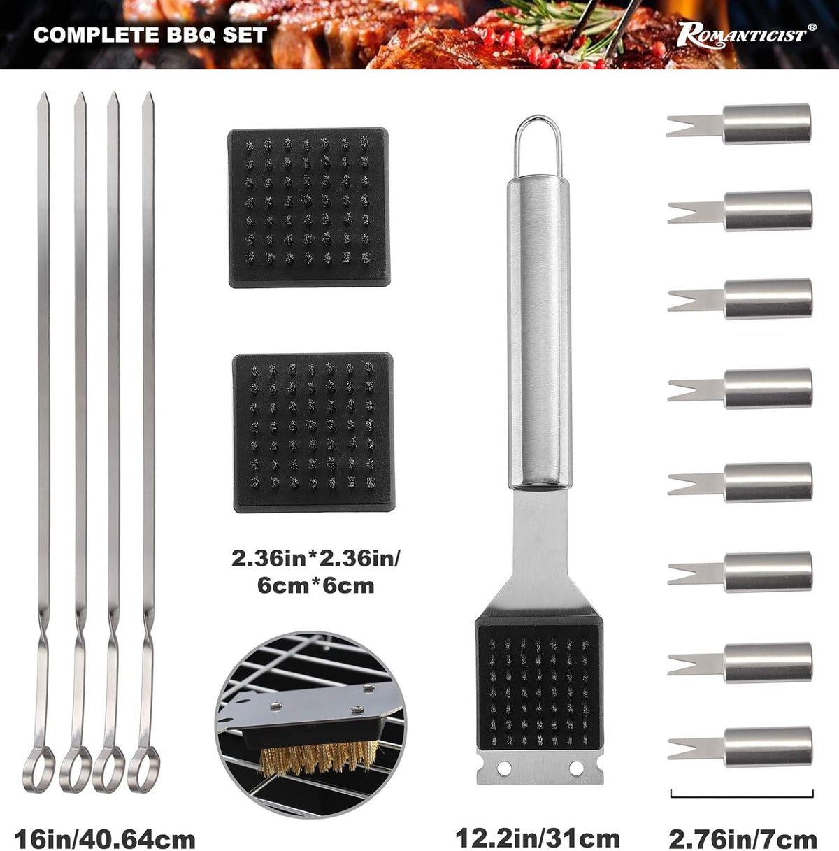 ROMANTICIST 23pcs Must-Have BBQ Grill Accessories Set with Thermometer in Case - Stainless Steel Barbecue Tool Set with 2 Grill Mats for Backyard Outdoor Camping - Father's Day Best Barbecue Gift