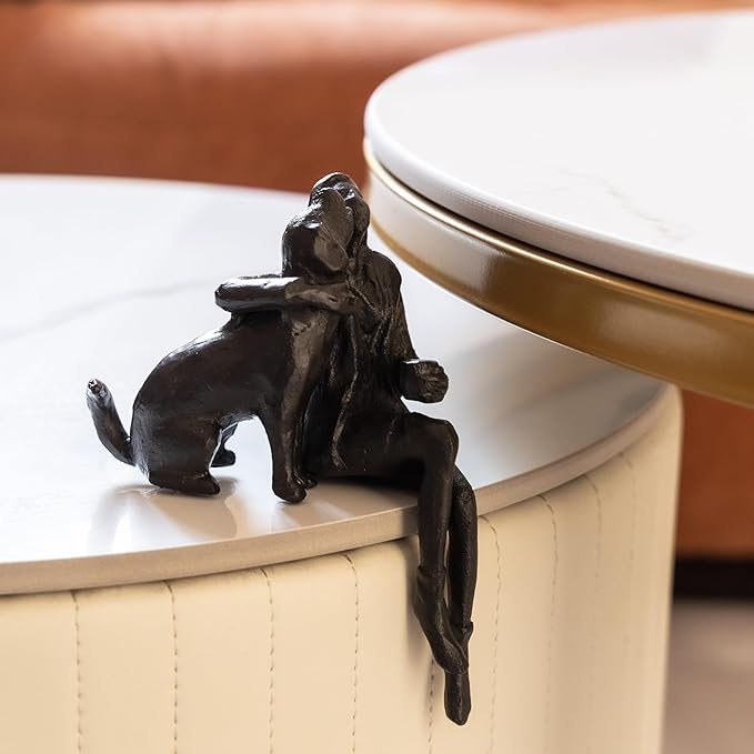 Cast Iron Sitting Woman and Dog Statue, Love Figurine, Gifts for Dog Lovers, Memorial Gifts for Women and Girls, Black
