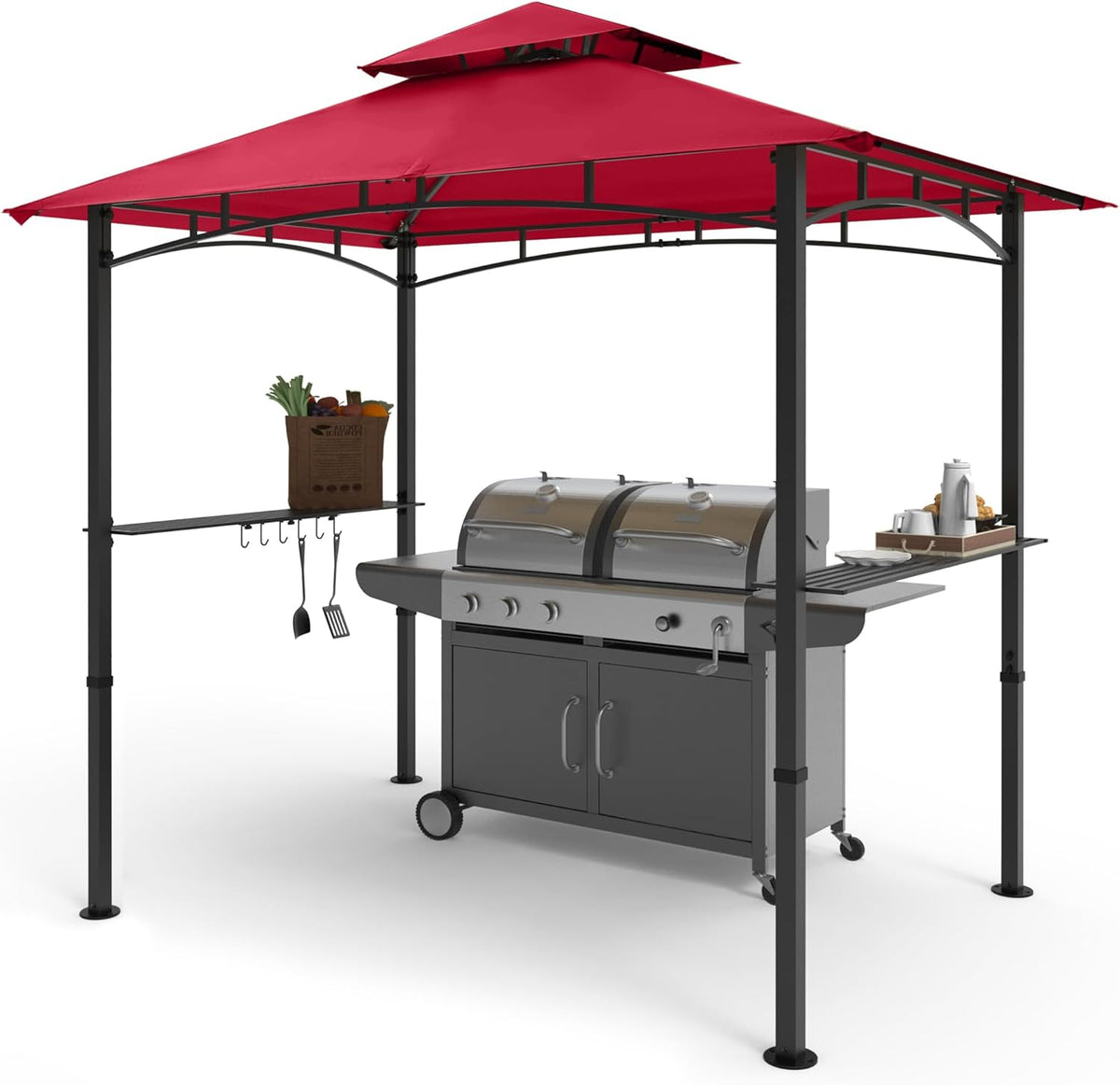 COOSHADE 8'x 5' Grill Gazebo Double Tiered Outdoor BBQ Gazebo Canopy with LED Light (Burgundy)