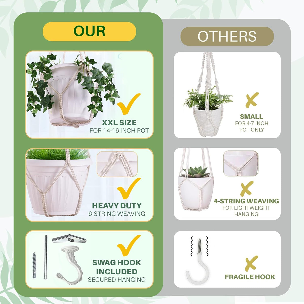 Giant XXL 55 Inches Macrame Planter Hanger Large for 15 inch Pot + Swag Hook | Extra Large Hanging Planter for Indoor Plants | No Pot/Plant Included (XXL Black)