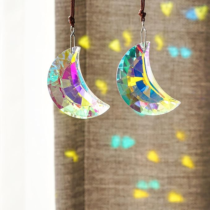 HDCRYSTALGIFTS 2pcs 50mm Crystal Prisms Sun Catchers,Half Moon Drop Hanging Suncatchers for Windows, Rainbow Maker Crystals Decoration