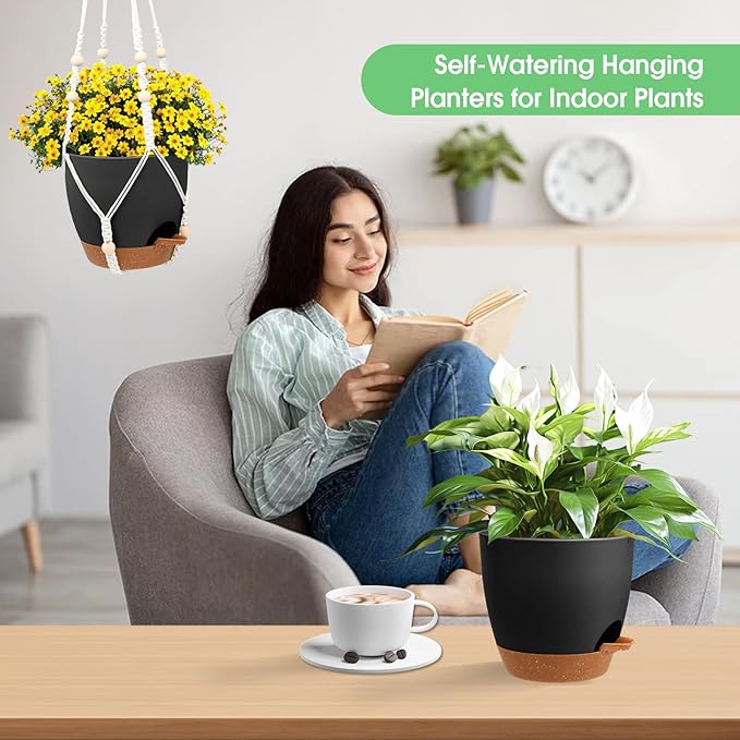Hanging Planters for Indoor Outdoor Plants, 2 Pack Self Watering Hanging Pots, Hanging Plant Baskets with Drainage Holes & 2 Types of Plant Hangers (Black, 6'')