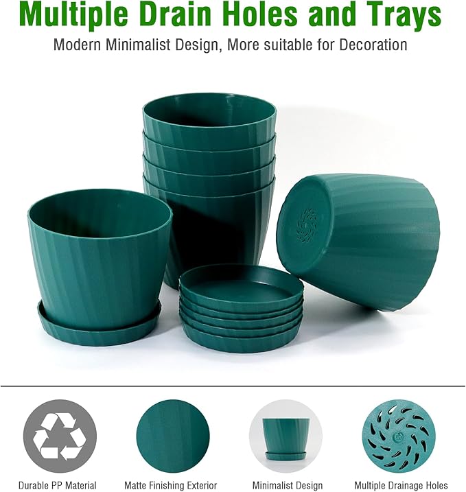 6 Inch Plant Pots Bulk, 6 Pack Plastic Planters with Drainage Holes and Saucers for Indoor Outdoor House Plants and Flowers, Green