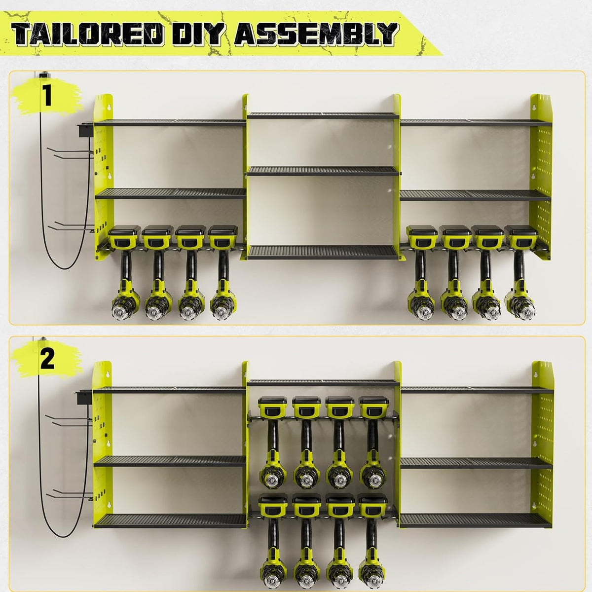 Power Tool Organizer with Charging Station Wall Mount, 3 Layer Expanded Heavy Duty Garage Organization, 45.5 Inch Length Garage Tool Storage, 8 Drills, 2 Assemble Method, Green