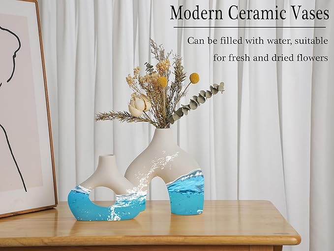 CEMABT White Ceramic Vase Set of 2 for Modern Minimalist Bohemian Decor，Round Matte Donut Vases for Pampas Grass-Perfect for Living Room, Dining Table, Office Bedroom Shelf Decor Entryway, Console