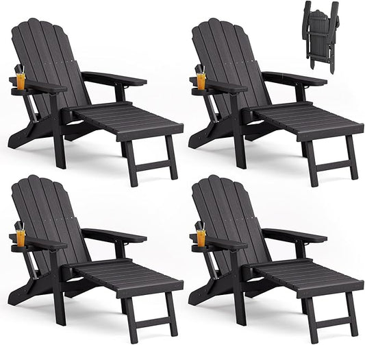 Adjustable Backrest Folding Adirondack Chair Set of 4, Adirondack Chair with Retractable Ottoman, Weather Resistant Fire Pit Chair with 2 Cup Holders, for Porch Backyard Outdoor Lawn, Black