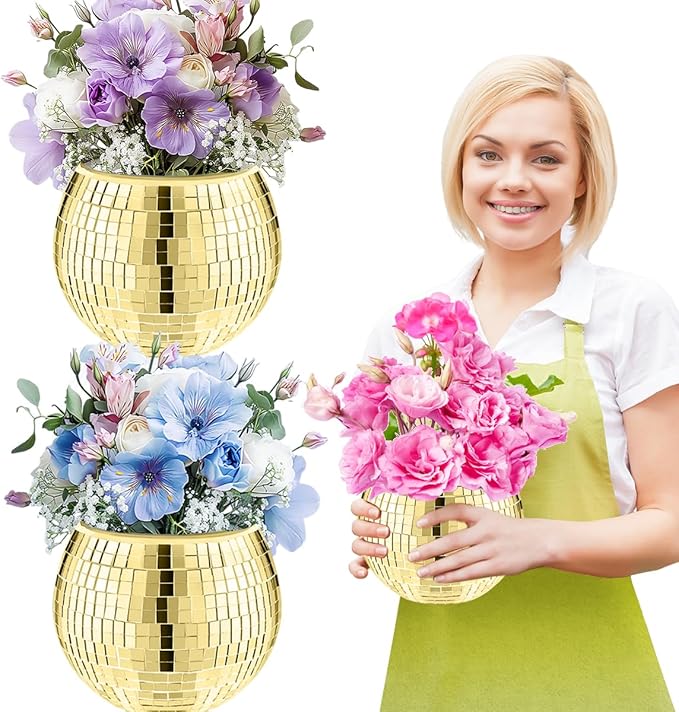 2 Pcs Disco Ball Vase,5 x 6 Inch Mirrored Disco Ball Planter,Disco Ball Candle Holders Perfect Disco Decorative Planters for Living Room Bedroom Table Wedding Party Birthday(Gold)