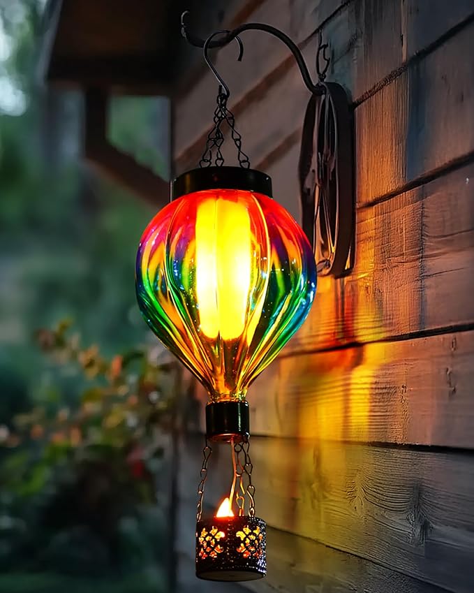 Hot Air Balloon Solar Lantern Outdoor Waterproof with Flickering Flame Gifts for Women Grandma Mom Glas Hanging Solar Lights Decorative for Outside Wall Front Porch Yard Garden Fence