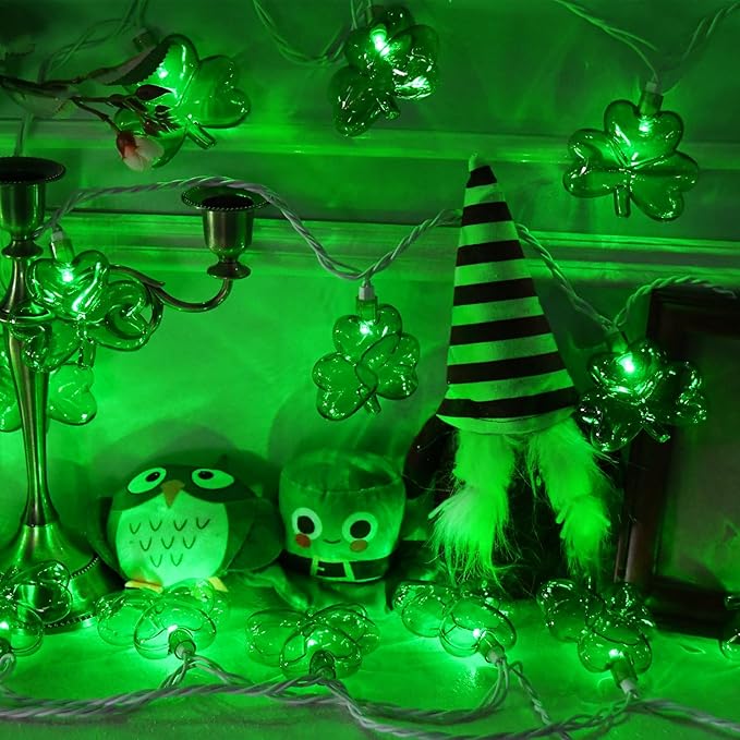 8.5FT Clear Green Shamrock Lights, St Patricks String Lights Outdoor Waterproof with 10 LED Light for rish Shamrock St Patrick's Day Party Indoor Home Garden Decorations