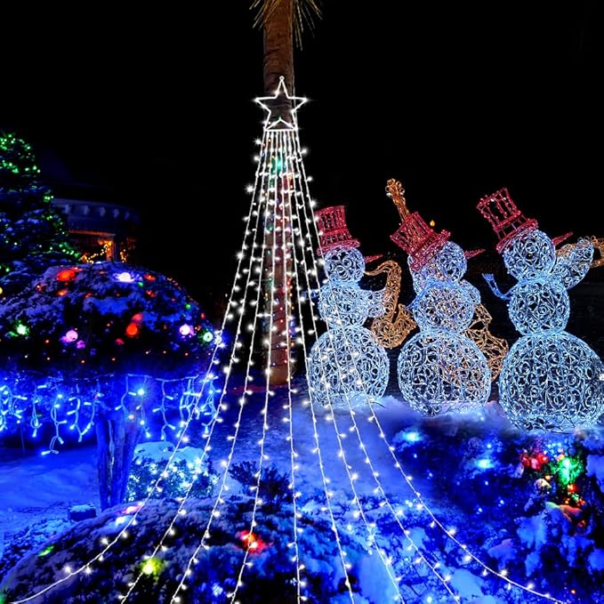 Christmas Decoration Lights, Outdoor Christmas String Lights 320 LED 11.5 Ft Waterfall Tree Lights with Big Star Topper 8 Light Modes for Christmas New Year Holiday Garden Yard Indoor Outdoor Decor