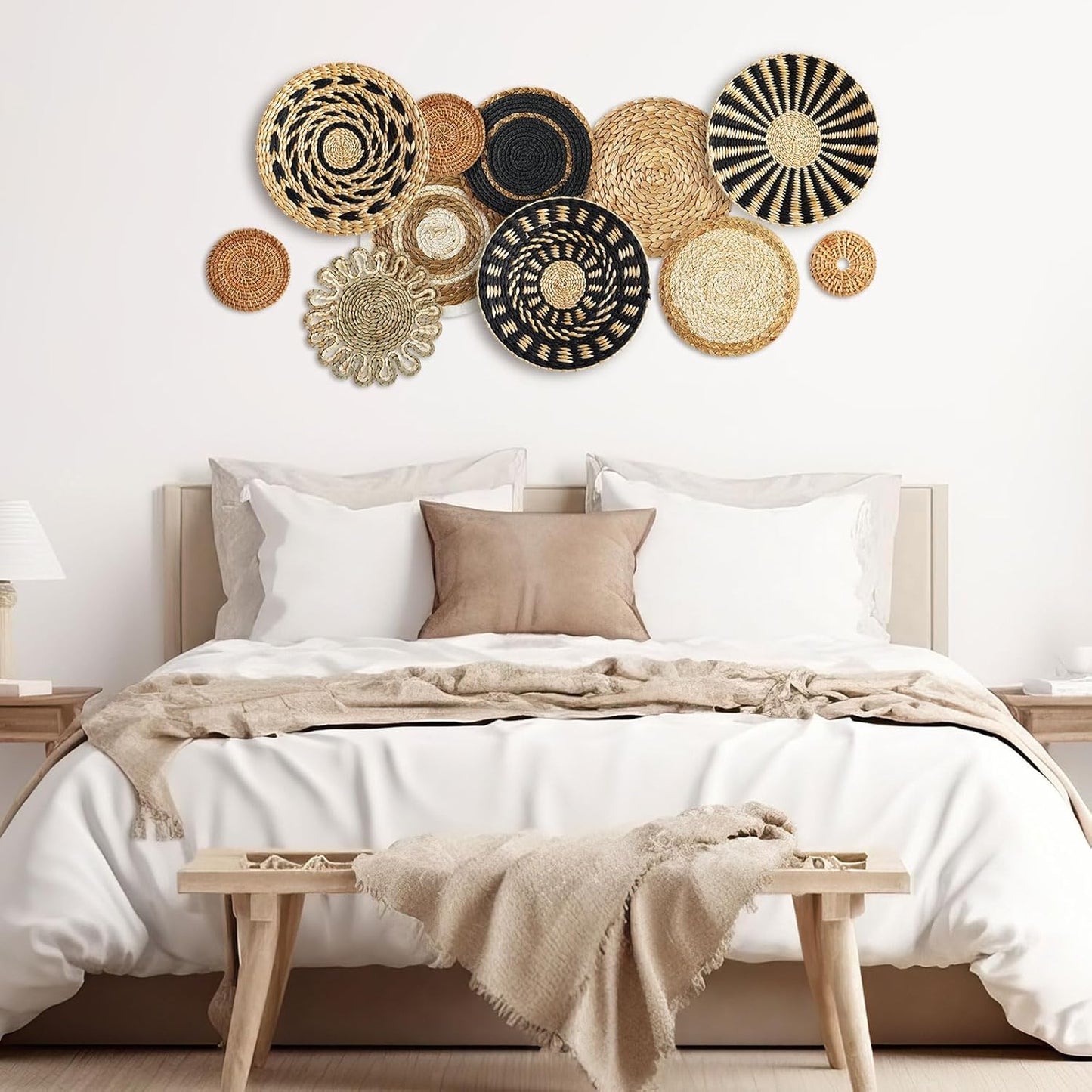 11 Pcs Boho Hanging Wall Basket Decor Handmade Woven Basket Wall Decorative Boho Wicker Baskets Placemats Round Farmhouse Bulrush Art for Rustic Home Decorations Christmas Gift(Assorted)