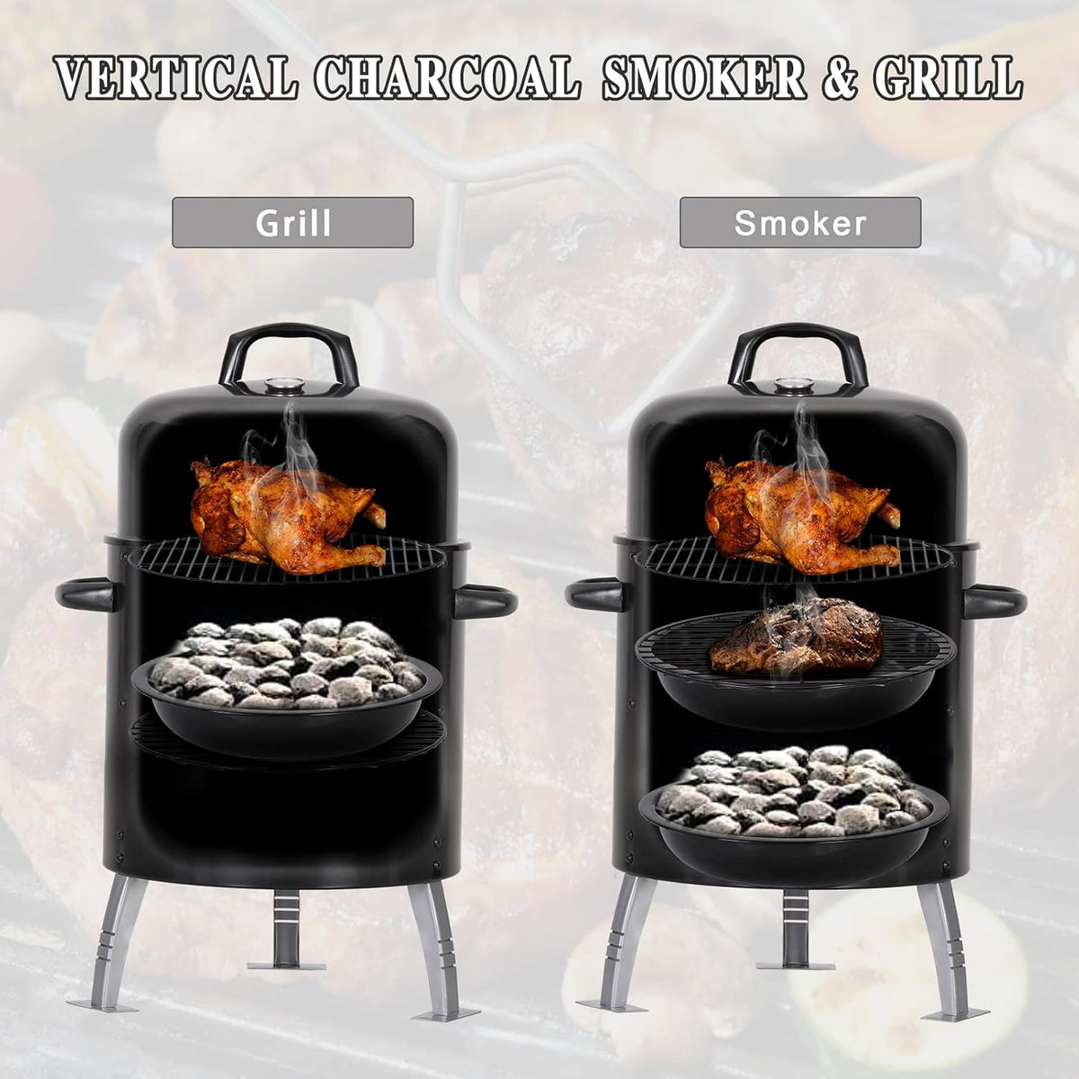 Sophia & William 17" Vertical Charcoal Smoker Grills with Two-Tier Grates, Heavy-Duty Integral Chamber and Tunnel Ventilation System for BBQ, Patio, Outdoor Camping(Black)