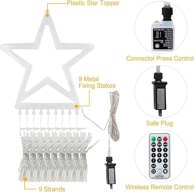 Christmas Decoration Lights, Outdoor String Lights 320 LED 11.5 Ft Waterfall Tree With Big Star Topper 8 Modes for New Year Holiday Garden Yard Indoor Outdoor Decor