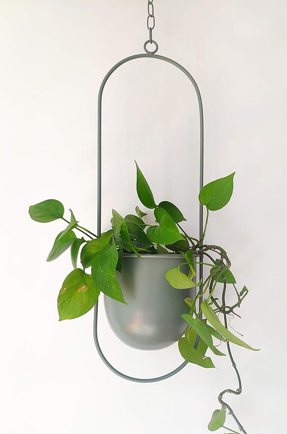 Boho Green Metal Plant Hanger,Metal Wall and Ceiling Hanging Planter, Modern Planter, Mid Century Flower Pot Plant Holder, Minimalist Planter for Indoor Outdoor Home Decor