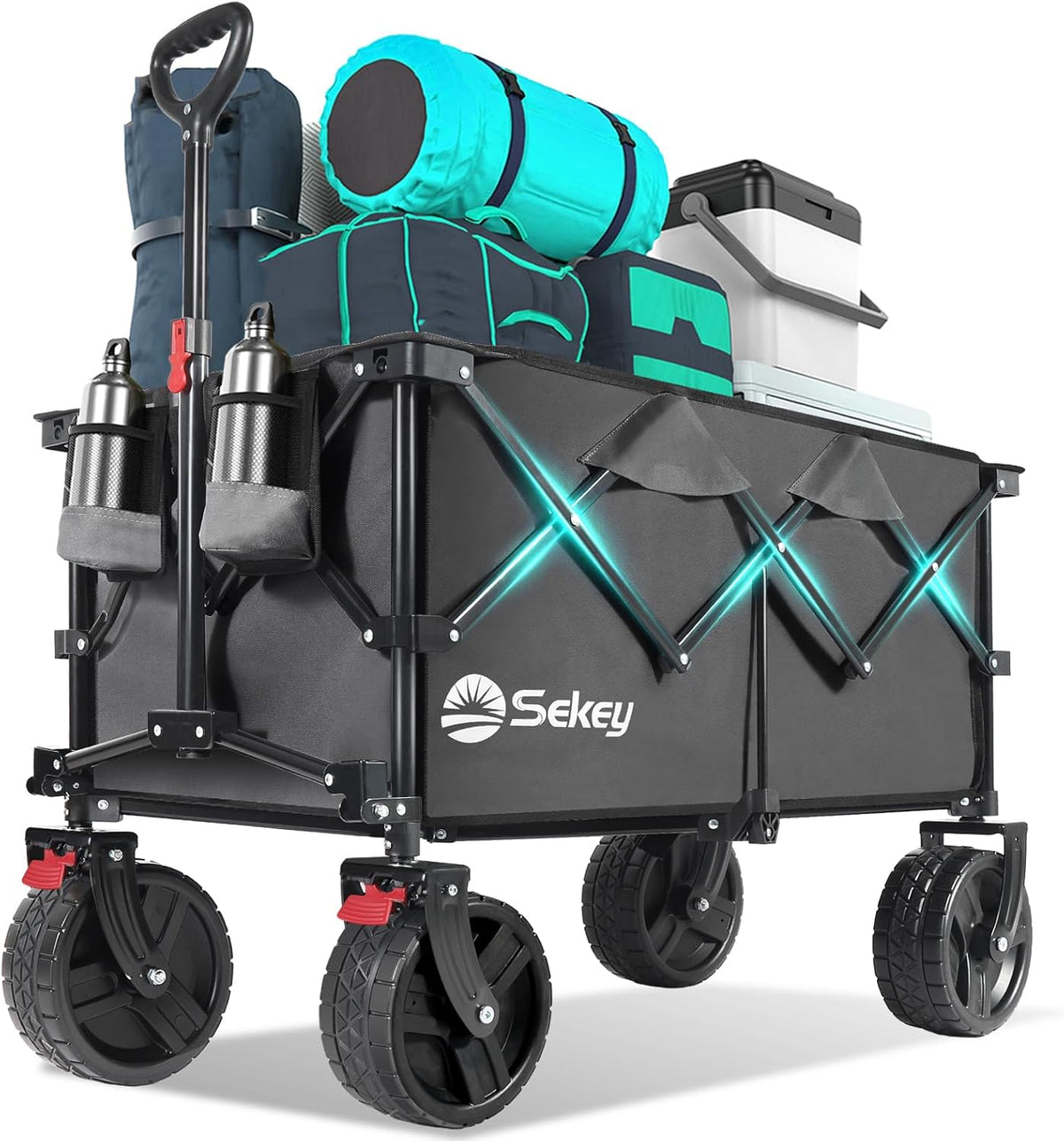 Collapsible Wagon Cart with Big All-Terrain Beach Wheels, Foldable Heavy Duty Wagons with Cup Holders, Utility Carts for Camping, Garden, Outdoor, Grocery, Sports. Grey