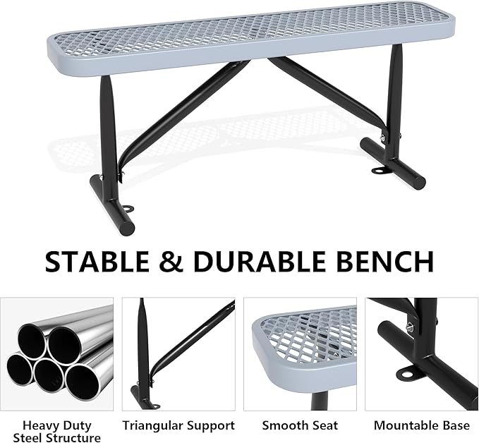 48" L Outdoor Steel Flat Bench, Heavy Duty Metal Park Bench for Outside, Expanded Metal, Commercial Benches Mesh Bench for Shopping Mall, Store, Lawn, Park, Patio, Deck, Garden (Grey, 4FT)