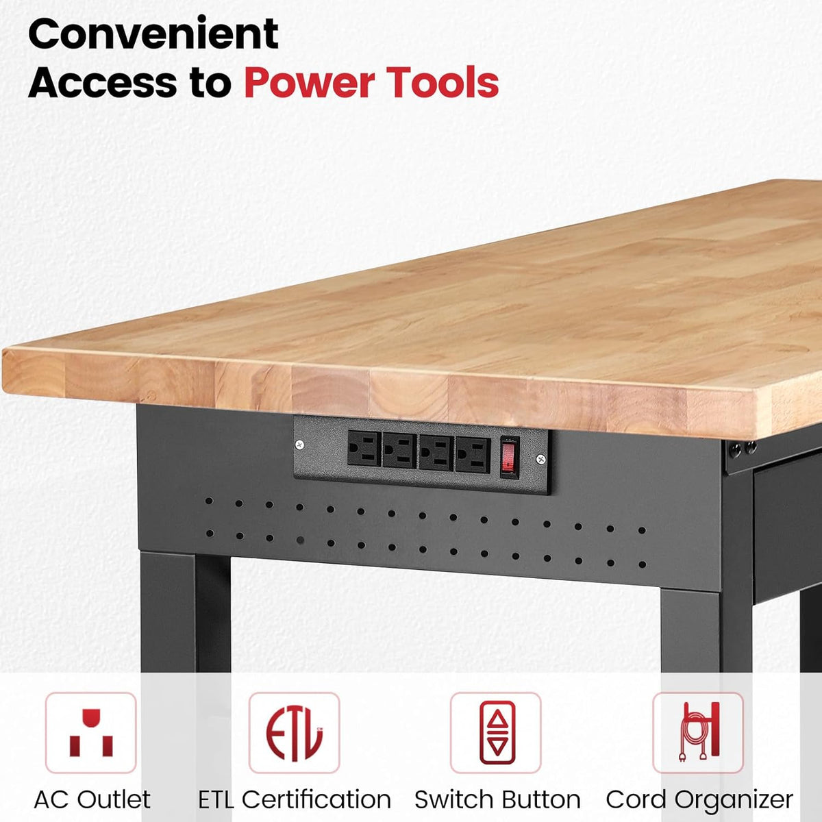 Work Bench for Garage with Shelf Bracket 60 x 22 Inch Heavy Duty Rubberwood Tabletop Work Table Adjustable Height Workbench with Drawer, Power Outlets for Woodworking Shop, Home, Office