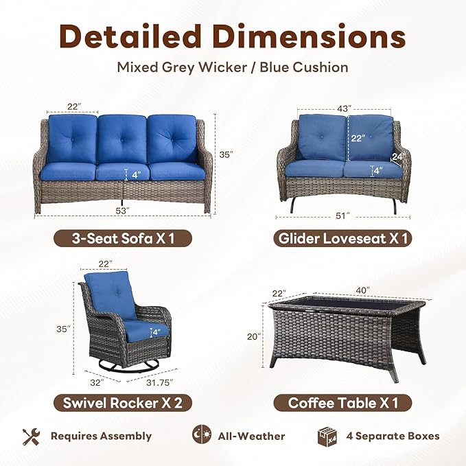 5 Piece Outdoor Patio Furniture Set - Outdoor Conversation Couch and Loveseat Glider Chair Furniture Set with Rattan Coffee Table for Deck Balcony Poolside Gray Wicker/Blue Cushions