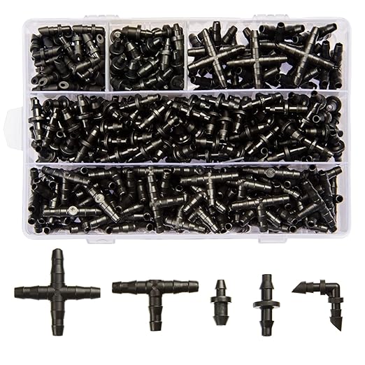 320 Pcs Drip Irrigation Fittings Kits for 1/4" Tubing, Drip Irrigation Barbed Connectors, Drip Line Connectors for Drip Systems(4-Way Coupling, Tee, Elbow, End Plug, Coupling)