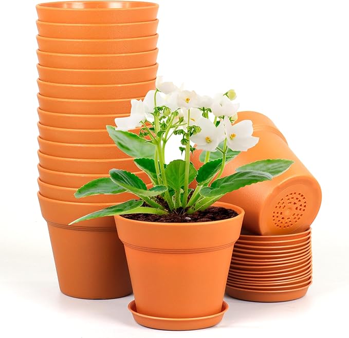 6 inch Small Plastic Nursery Pots, Seedling Pots, 16 Pack Plant Pots for Indoor Outdoor Plants, Flower Pots with Drainage Holes and Saucers, Decorative Planters for House Plants, Terracotta